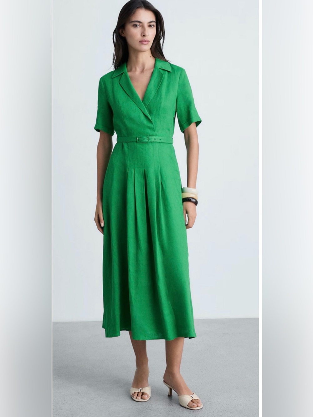 NEW MANGO MNG GREEN BELTED BELT LINEN DRESS SZ 4